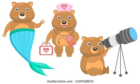 Set Abstract Collection Flat Cartoon Different Animal Wombats Doctor With First Aid Kit, Looking At The Stars Through A Telescope, Mermaid Vector Design Fauna Wildlife