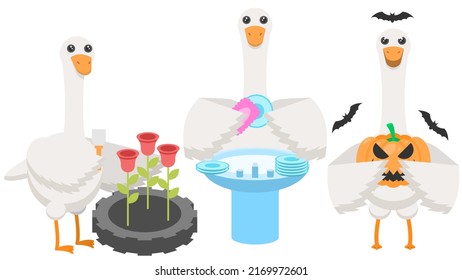 Set Abstract Collection Flat Cartoon Different Animal Birds Goose, Geese, With A Pumpkin And Bats Around, Planting Roses In A Flower Bed, Washing Dishes In The Sink Vector Design Fauna Wildlife