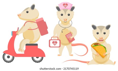 Set Abstract Collection Flat Cartoon Different Animal Opossum Eating Tacos, Doctor With First Aid Kit, Food Delivery On A Moped Vector Design Style Elements Fauna Wildlife