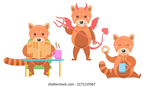 Set Abstract Collection Flat Cartoon Different Animal Red Pandas Drinking Tea, Devil With Horns And Trident, Reading A Newspaper With A Cup Of Tea Vector Design Style Elements Fauna Wild