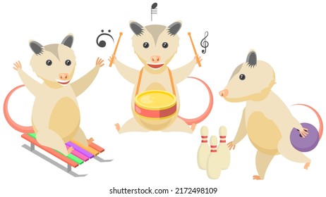 Set Abstract Collection Flat Cartoon Different Animal Opossum Play Drum, Bowling, Sledding Vector Design Style Elements Fauna Wildlife