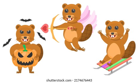 Set Abstract Collection Flat Cartoon Different Animal Beavers With A Pumpkin And Bats Around, Sledding, Cupid With Bow And Wings Style Elements Fauna Wildlife