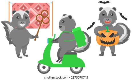 Set Abstrakte Kollektion Flach Cartoon verschiedene Tier-Schkunk mit Kürbis und Fledermäuse rund, Lebensmittel Lieferung auf einem Moped, Knocken Staub aus Teppich Vectordesign Stilelemente Fauna Tierwelt