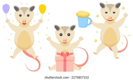 Set Abstract Collection Flat Cartoon Different Animal Opossum Celebrating Birthday With Balloons, Surprised By The Gift, Drunk With A Mug Of Beer Vector Design Style Elements Fauna Wildlife