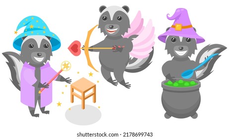 Set Abstract Collection Flat Cartoon Different Animal Skunk Cupid With Bow And Wings, Brewing A Potion In A Vat, The Wizard Applies Levitation On A Stool Vector Design Style Elements Fauna Wildlife