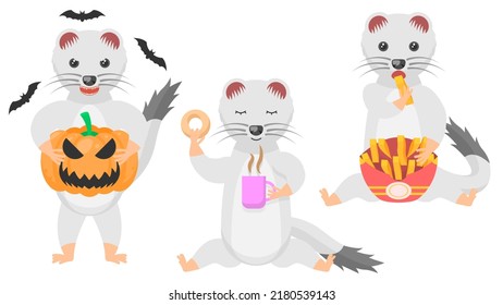 Set Abstract Collection Flat Cartoon Different Animal Ermines With A Pumpkin And Bats Around, Drinking Tea With Donut, Eats Fried Potatoes Vector Design Style Elements Fauna Wildlife