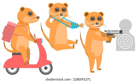 Colección Resumen Caricatura Plana Diferentes Mercaderías De Animales Banda Su Ayuda De Primera Mano, Entrega De Alimentos En Una Mopa, Disparo Un Pistol En Un Vector Objetivo Diseño Elementos Fauna Vida Silvestre