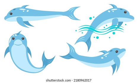 Set Abstract Collection Flat Cartoon Different Animal Dolphins Floats, Swim, Jumping Out Of The Water Vector Design Elements Fauna Wildlife