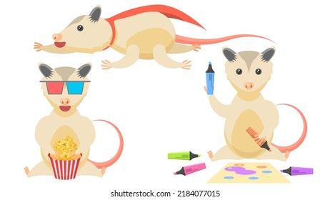 Set Abstract Collection Flat Cartoon Different Animal Opossum Watching A Movie With Popcorn, Superhero Flies With A Cloak, Draws With Markers Vector Design Style Elements Fauna Wildlife