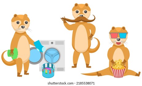 Set Abstract Collection Flat Cartoon Different Animal Otters Watching A Movie With Popcorn, Throwing Things In The Washing Machine, Twists His Mustache Vector Design Style Elements Fauna Wildlife