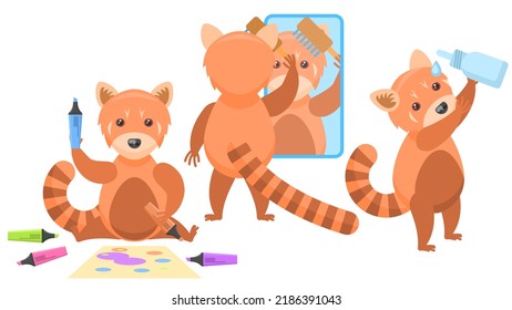 Set Abstract Collection Flat Cartoon Different Animal Red Pandas Draws With Markers, Combing Her Hair In Front Of A Mirror, Putting Drops In The Eye Vector Design Style Elements Fauna Wild