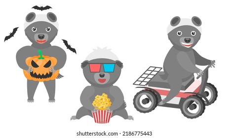 Set Abstract Collection Flat Cartoon Different Animal Honey Badgers Draws With Markers, Watching A Movie With Popcorn, Riding A Quad Bike Vector Design Style Elements Fauna Wildlife