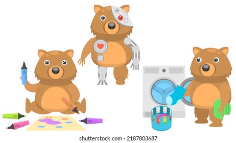 Set Abstract Collection Flat Cartoon Different Animal Wombats Draws With Markers, Throwing Things In The Washing Machine, Cyborg With Metal Parts Vector Design Fauna Wildlife