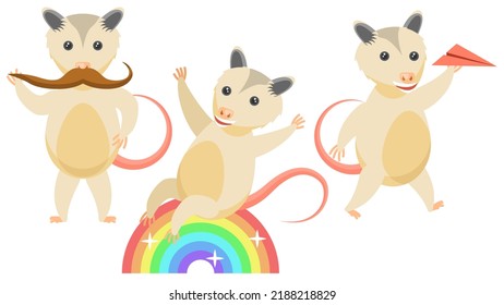 Set Abstract Collection Flat Cartoon Different Animal Opossum Twists His Mustache, Rides A Rainbow, Launches A Paper Airplane Vector Design Style Elements Fauna Wildlife