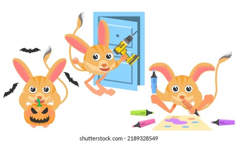 Set Abstract Collection Flat Cartoon Different Animal Jerboa With A Pumpkin And Bats Around, Draws With Markers, Installing The Door With A Screwdriver Vector Design Style Elements Fauna Wildlife
