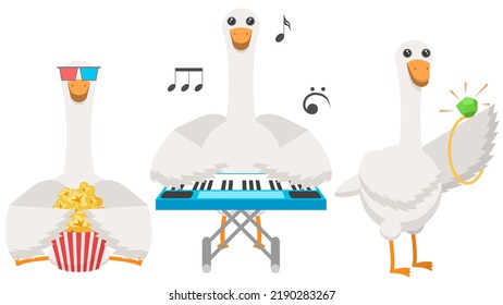 Set Abstract Collection Flat Cartoon Different Animal Birds Goose, Geese, Plays The Synthesizer, Watching A Movie With Popcorn, Admiring The Ring Vector Design Style Elements Fauna Wildlife