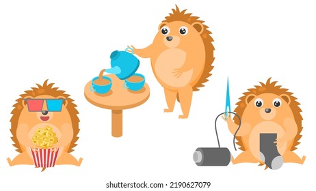 Set Abstract Collection Flat Cartoon Different Animal Hedgehogs Watching A Movie With Popcorn, Pours Tea Into Cups, Knits A Sock Vector Design Elements Fauna Wildlife
