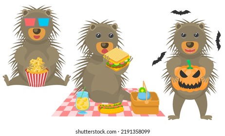 Set Abstrakte Kollektion Flach Cartoon Verschiedenes Tier Porcupine beobachten einen Film mit Popcorn, mit Kürbis und Fledermäuse rund um, essen ein Sandwich auf einem Picnic Vectorstyle Elements Fauna Tierwelt