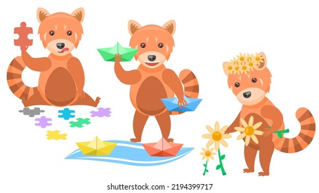 Set Abstract Collection Flat Cartoon Different Animal Red Pandas Picking Flowers, Collects Puzzles, Launches Paper Boats In The Stream Vector Design Style Elements Fauna Wild