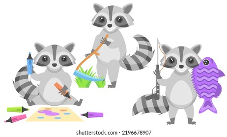Set Abstract Collection Flat Cartoon Different Animal Raccoons Mows The Grass With A Scythe, Draws With Markers, Caught A Fish Vector Design Style Elements Fauna Wildlife