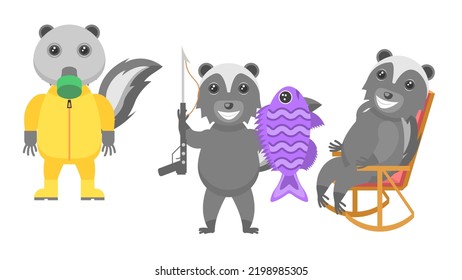 Set Abstract Collection Flat Cartoon Different Animal Skunk Stands In A Gas Mask And A Chemical Suit, Caught A Fish, Rocking In A Chair Vector Design Style Elements Fauna Wildlife