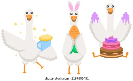 Set Abstract Collection Flat Cartoon Different Animal Birds Goose, Geese, Drunk With A Mug Of Beer, Eating Cake, Eats Carrots With Ears Vector Design Style Elements Fauna Wildlife