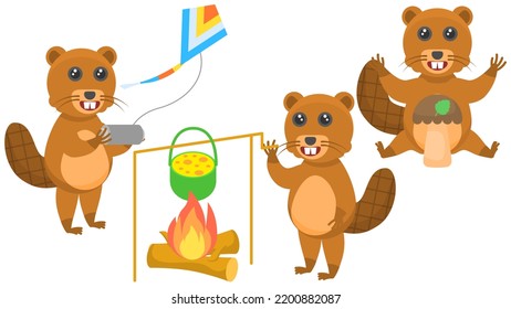 Set Abstract Collection Flat Cartoon Different Animal Beavers Launches A Kite, Cooks Stew On The Fire, Found A Mushroom Style Elements Fauna Wildlife