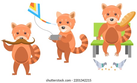 Set Abstract Collection Flat Cartoon Different Animal Red Pandas Launches A Kite, Twists His Mustache, Feeding Pigeons Bread Vector Design Style Elements Fauna Wild