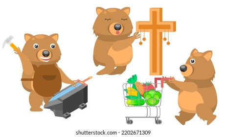 Set Abstract Collection Flat Cartoon Different Animal Wombats Knocks On The Anvil With A Hammer, Pulling A Grocery Cart, Pray Before The Cross Vector Design Fauna Wildlife