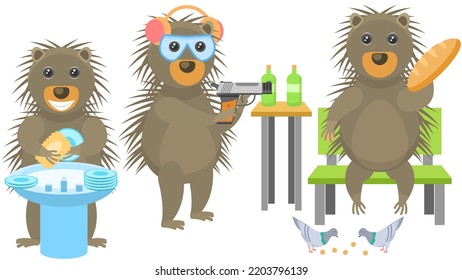 Set Abstrakte Kollektion Flach Cartoon Verschiedene tierischen Porcupine Feeding Tauben Brot, Waschbrett im Sink, Shoots Flaschen mit einem Pistol Vektorstil Elemente Fauna Tierwelt