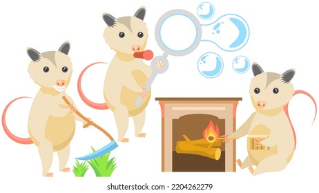 Set Abstract Collection Flat Cartoon Different Animal Opossum Mows The Grass With A Scythe, Blows Soap Bubbles, Lights The Fireplace With A Matches Vector Design Style Elements Fauna Wildlife