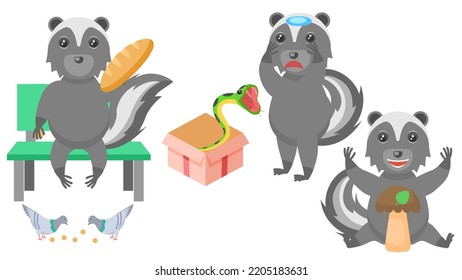 Set Abstract Collection Flat Cartoon Different Animal Skunk Feeding Pigeons Bread, Found A Mushroom, Scared Of The Snake Vector Design Style Elements Fauna Wildlife