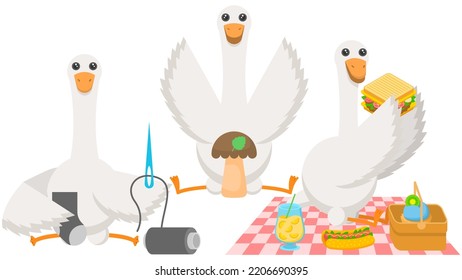 Set Abstract Collection Flat Cartoon Different Animal Birds Goose, Geese, Found A Mushroom, Knits A Sock, Eating A Sandwich On A Picnic Vector Design Style Elements Fauna Wildlife