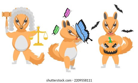 Set Abstract Collection Flat Cartoon Different Animal Chipmunks Judge With Scales And Gavel, With A Pumpkin And Bats Around, With A Huge Butterfly On The Nose Vector Design Elements Fauna Wildlife