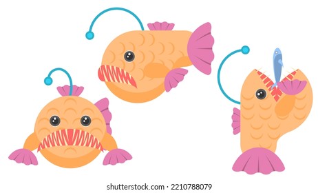 Set Abstract Collection Flat Cartoon Different Animal Fish Angler Swimming, Floats, Eats Fish Vector Design Elements Fauna Wildlife