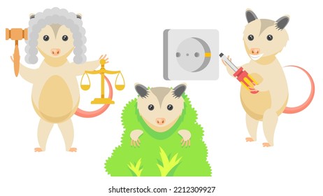 Set Abstract Collection Flat Cartoon Different Animal Opossum Mounts The Socket, Judge With Scales And Gavel, Hiding In The Bushes Vector Design Style Elements Fauna Wildlife