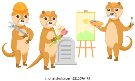 Set Abstract Collection Flat Cartoon Different Animal Otters Artist With Brush, Builder With Wrench, With Flowers Near The Grave Vector Design Style Elements Fauna Wildlife