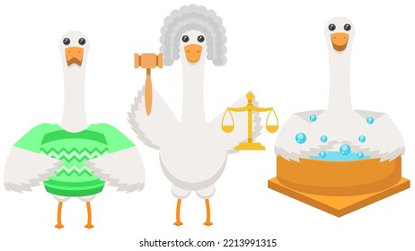 Set Abstract Collection Flat Cartoon Different Animal Birds Goose, Geese, Judge With Scales And Gavel, In A Sweater, Enjoying In The Jacuzzi Vector Design Style Elements Fauna Wildlife