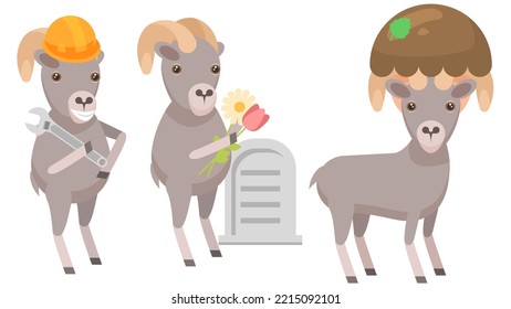 Set Abstract Collection Flat Cartoon Different Animal Arhali Builder With Wrench, With Flowers Near The Grave, In A Mushroom Hat Vector Design Style Elements Fauna Wildlife