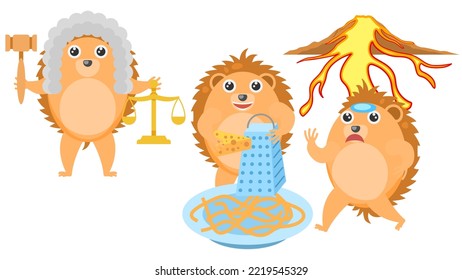 Set Abstract Collection Flat Cartoon Different Animal Hedgehogs Judge With Scales And Gavel, Grating Cheese On A Plate, Running Away From The Volcano Vector Design Elements Fauna Wildlife