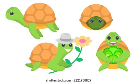 Set Abstract Collection Flat Cartoon Different Animal Turtles Swimming, Floats, Sitting In A Shell, Eating Cabbage, With Flower And Hat Vector Design Style Elements Fauna Wildlife