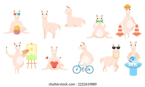 Set Abstract Collection Flat Cartoon Different Animal Lama Vector Design Style Elements Fauna Wildlife