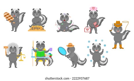 Set Abstract Collection Flat Cartoon Different Animal Skunk Vector Design Style Elements Fauna Wildlife