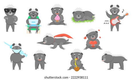 Set Abstract Collection Flat Cartoon Different Animal Honey Badgers Vector Design Style Elements Fauna Wildlife