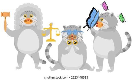 Set Abstract Collection Flat Cartoon Different Animal Cat Judge With Scales And Gavel  With A Huge Butterfly On The Nose  In Goggles With Bulging Eyes Vector Design Style Elements Fauna Wildlife