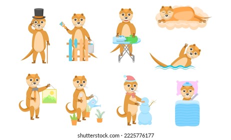 Set Abstract Collection Flat Cartoon Different Animal Otters Vector Design Style Elements Fauna Wildlife