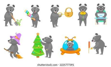 Set Abstract Collection Flat Cartoon Different Animal Honey Badgers Vector Design Style Elements Fauna Wildlife