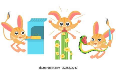 Set Abstract Collection Flat Cartoon Different Animal Jerboa Fighting A Snake, Receives The Goods At The Point Of Issue, Sat On A Catus And Screams Vector Design Style Elements Fauna Wildlife