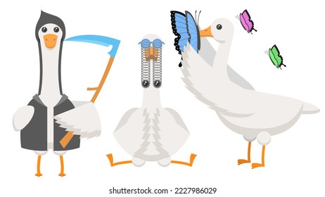 Set Abstract Collection Flat Cartoon Different Animal Birds Goose, Geese, With A Huge Butterfly On The Nose, In Goggles With Bulging Eyes, Grim Reaper Vector Design Style Elements Fauna Wildlife