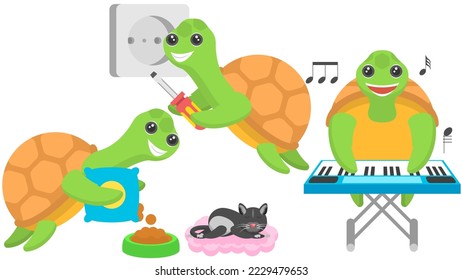 Set Abstract Collection Flat Cartoon Different Animal Turtles Mounts The Socket, Plays The Synthesizer, Feed The Cat Vector Design Style Elements Fauna Wildlife